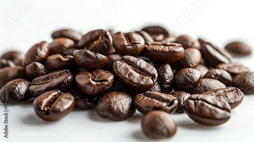 Pile of roasted coffee beans with a white background