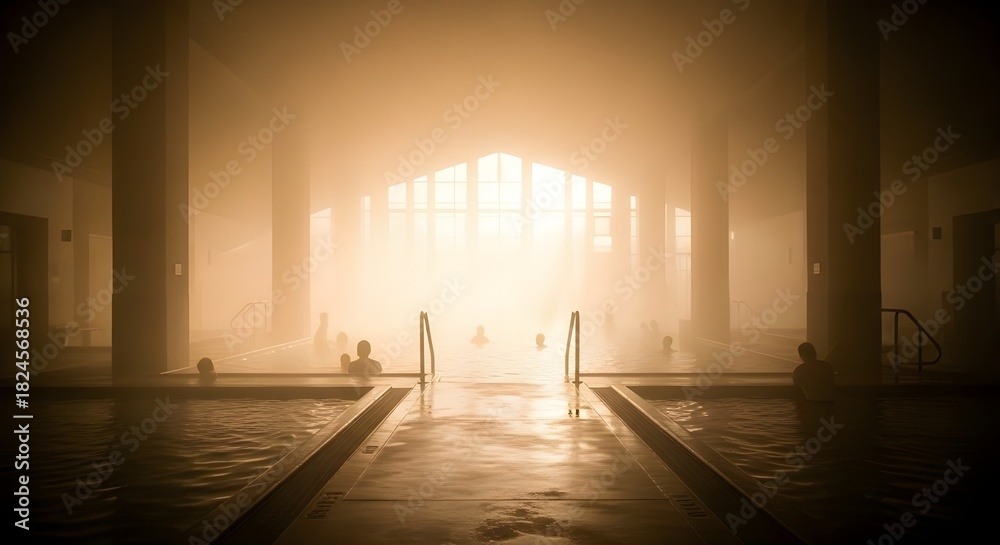 Fototapeta premium A spacious indoor pool filled with people swimming and enjoying the water.