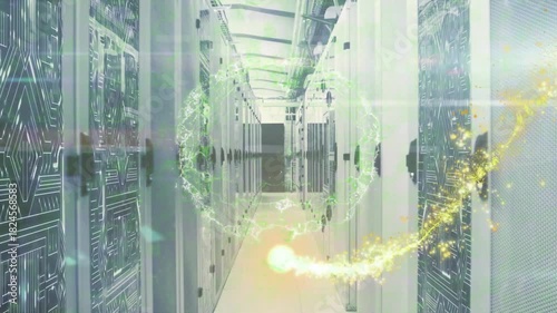 Left-foreground streaking particle initiating glowing ring and orbiting orb, showing network flow