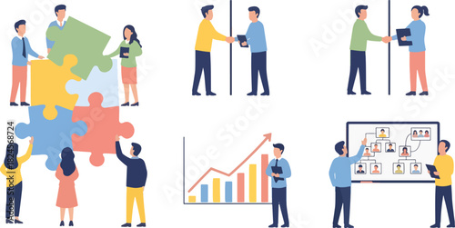 Team Collaboration Business Meeting with Puzzle Pieces Handshake Graph and Video Conference