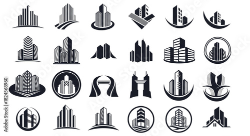 Modern City Skyline Architecture Logo Icons Set for Real Estate Development and Urban Planning Design