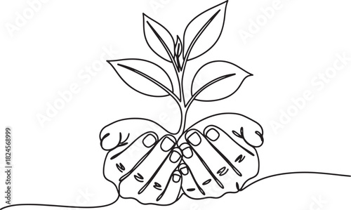 Continuous line drawing of hands holding young plant, symbolizing growth, minimalist vector illustration