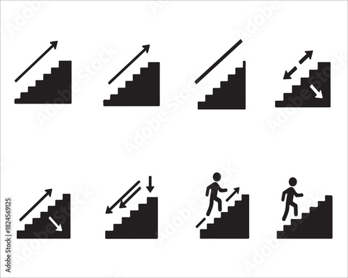 Staircase Icons Set with Arrows and Person Climbing Steps Vector Illustration