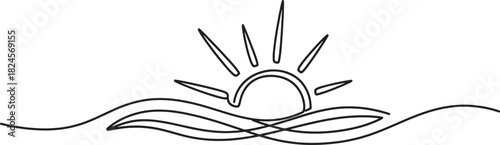 Minimalist sun rising over ocean waves, vector illustration, simple nature design element, serene coastal art