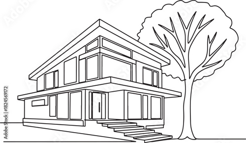 Modern home exterior with tree, minimalist outline vector illustration, clean architectural design