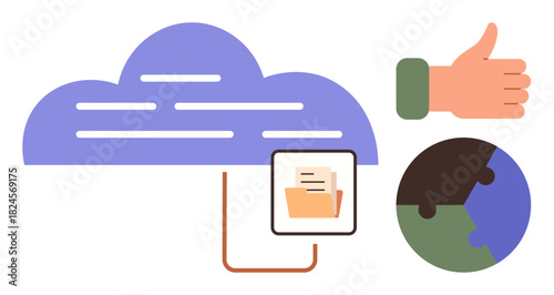 Cloud with document folder, puzzle globe, and thumbs-up hand symbolizing collaboration, eco-consciousness, and technology integration. Ideal for teamwork, innovation, trust, data sharing