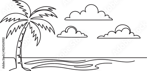 Minimalist tropical island scenery with palm tree and clouds, simple line art vector, serene nature design