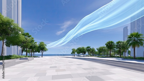 Fototapeta Naklejka Na Ścianę i Meble -  A futuristic cityscape with modern architecture, lush green trees, and palm trees lining a road and walkway. An abstract, flowing blue energy wave is visible in