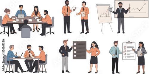 Business Meeting Team Presenting Data and Analyzing Charts in Conference Room