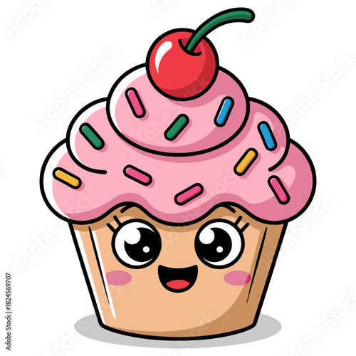 Cute Cupcake with Cherry Topping and Kawaii Face Illustration.