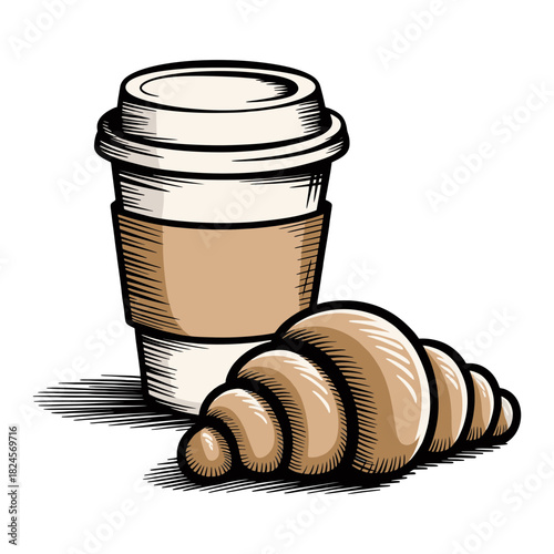 Coffee Cup and Croissant Illustration A Classic Breakfast Combination.