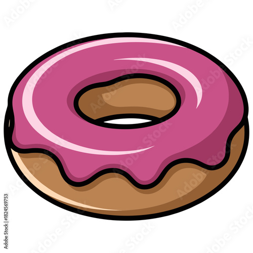 Delicious Donut with Pink Glaze and Black Outline Illustration.