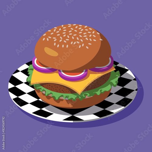 Isometric Burger on Checkered Plate A Delicious Cartoon Illustration.