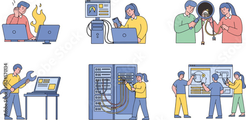 Group of technicians working on computers and electrical panels in technical workshop