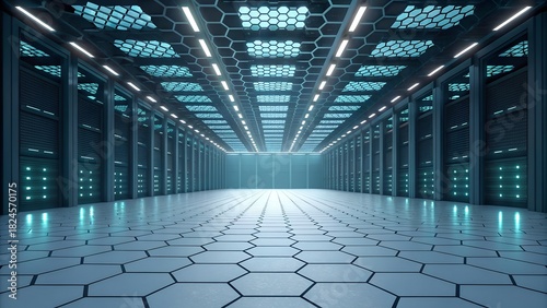 Modern server room with glowing lights ready for data storage and cloud computing