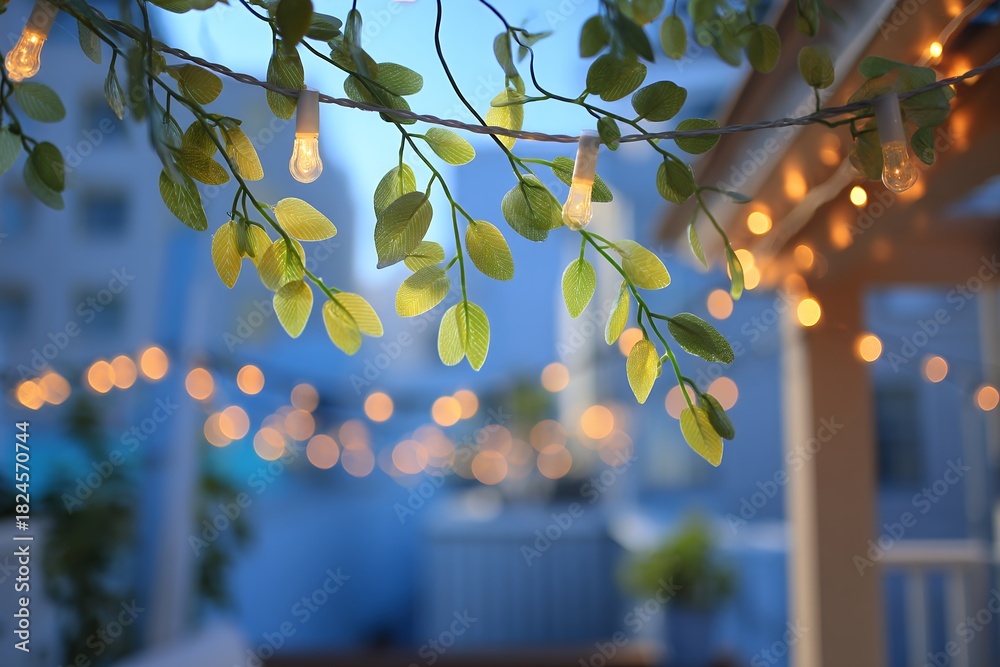 Obraz premium rooftop plant corner with string lights glowing softly