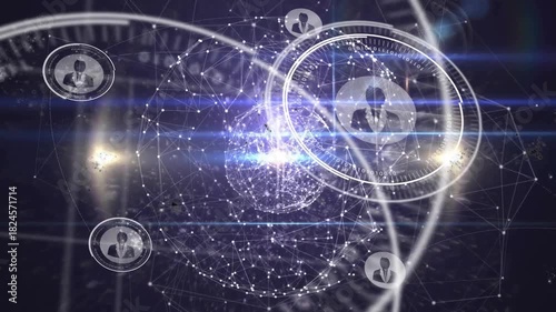 Pulsing light revealing wireframe globe, HUD rings orbiting while avatars aligning for selection