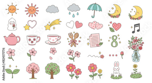 Cute Spring Season Icons Set for Greeting Cards Web Design Nursery Decor Crafts