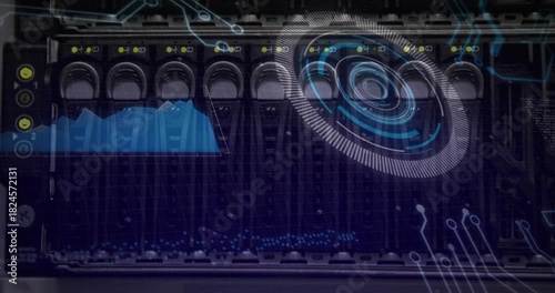 Circular HUD appearing on drive array, waveform shifting, traces sliding, LEDs glowing, monitoring