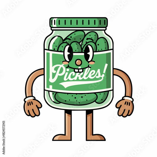 Retro Cartoon Pickle Jar Character with Happy Face and Limbs.