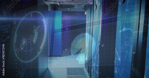 HUD appearing, holograms drifting and rotating over server corridor to show network activity