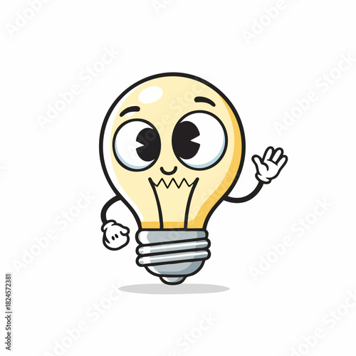 Friendly cartoon light bulb character waving hello.