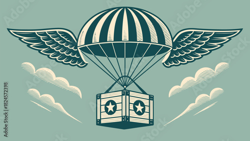 Vintage delivery concept with winged parachute carrying a crate, symbolizing swift transport and logistical solutions, perfect for branding and marketing needs