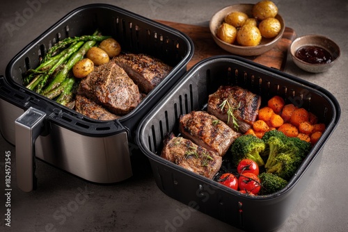 Juicy Grilled Meat with Fresh Vegetables in Air Fryer Basket