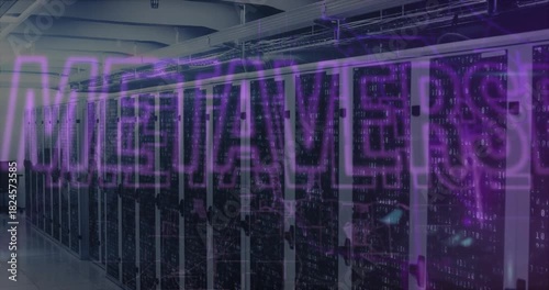 On server signal, rack row glowing while purple METAVERSE letters forming, highlighting network