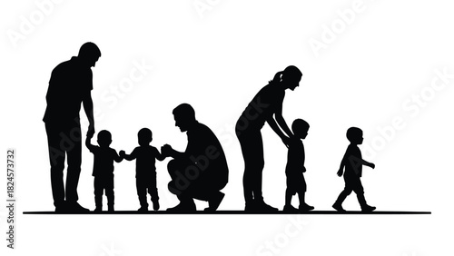 Family with multiple children silhouettes isolated on white background, Vector