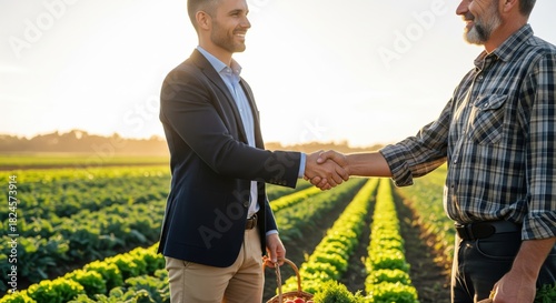 Businessman and Farmer Shaking Hands in a Green Field