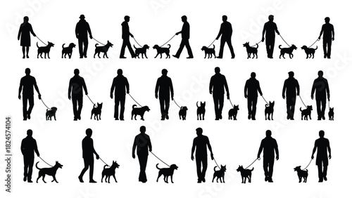 People walking dogs silhouette collection isolated on white background, Vector