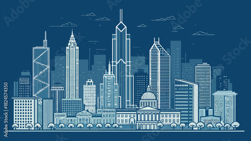 Stunning city skyline illustration with towering skyscrapers and iconic landmarks, ideal for urban planning, architecture, and travel marketing materials