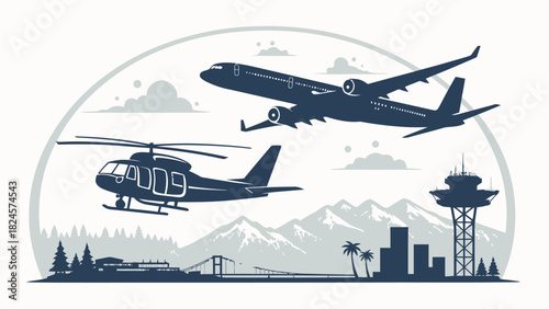Dynamic travel scene with airplane and helicopter soaring above a city skyline, promising adventure and modern transportation solutions for your business needs