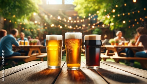 Three pint glasses of beer placed on a wooden table in an outdoor beer garden, each glass filled with a different type of beer