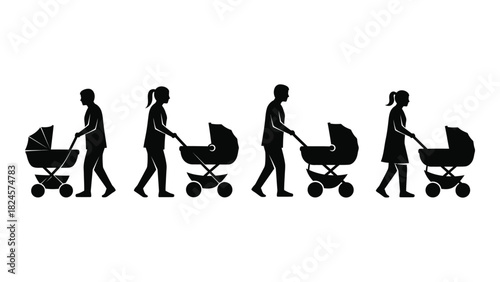 Parents pushing baby strollers silhouettes isolated on white background, Vector