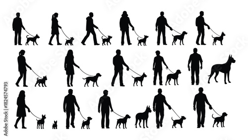 People walking dogs silhouettes set isolated on white background, Vector