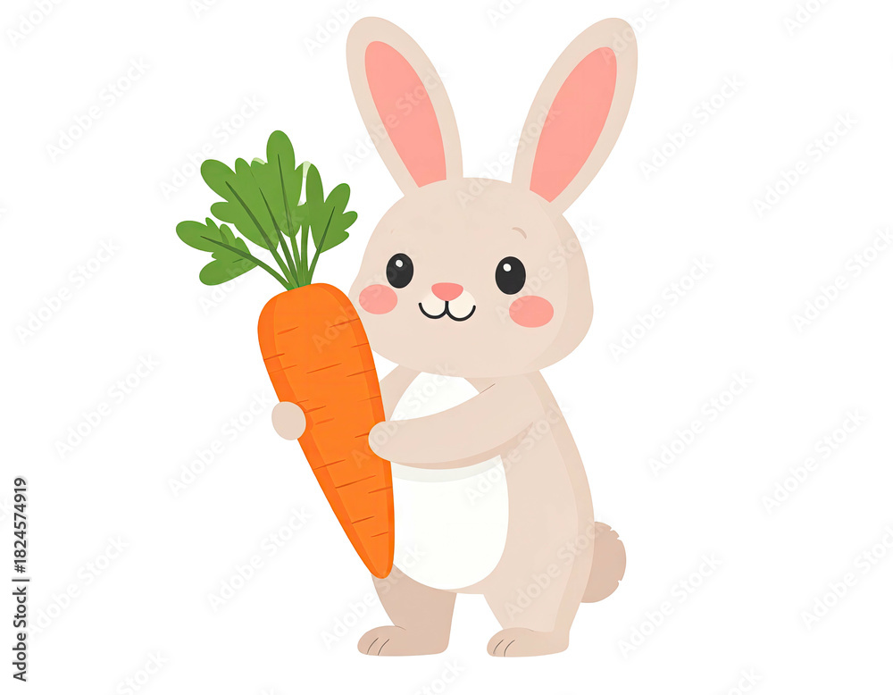 Fototapeta premium Adorable cartoon bunny rabbit holding a large fresh carrot illustration.