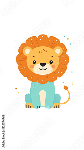 Cute cartoon lion character sitting wearing a blue outfit illustration.