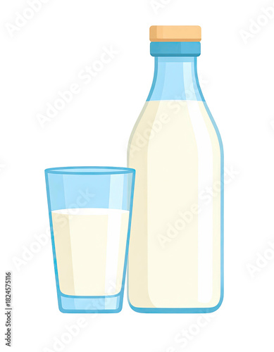 Fresh white milk in a clear glass bottle and drinking glass.
