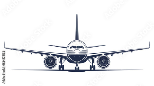 Detailed airplane front view ready for takeoff, perfect for travel promotions, aviation enthusiasts, or transportation themes, originally a scalable vector graphic
