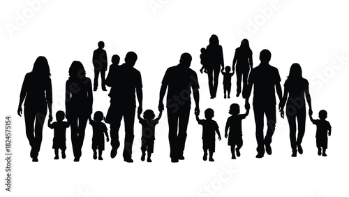 Silhouettes of diverse families walking together isolated on white background, Vector