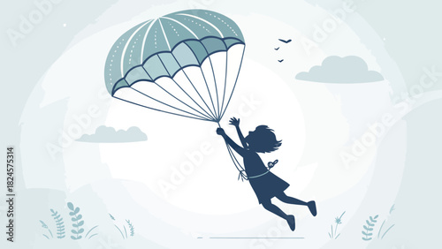 Soaring to New Heights Girl Parachuting Achieving Dreams, Skydiving Fun, Adventure Seeker, Reaching for the Stars, Brave Child's Journey, Dreamer in Flight