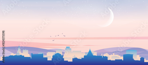 Panoramic poster of the city skyline with misty background buildings, hills sunrise, sunset and clouds of LA PAZ, BOLIVIA