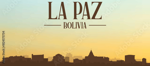 Panoramic poster of the city skyline with misty background buildings, hills sunrise, sunset and clouds of LA PAZ, BOLIVIA