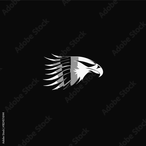 Dynamic monochrome eagle head illustration with abstract feathered design on black. Fierce predatory bird concept art.