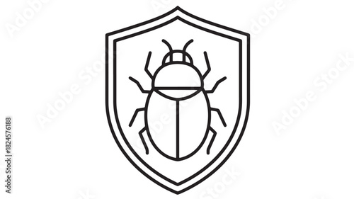 A simple black and white line drawing depicts a shield shape containing the outline of a beetle showcasing a minimalist design aesthetic