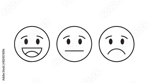 a simple black and white illustration depicting three circular faces showing happy neutral and sad expressions side by side on a white background