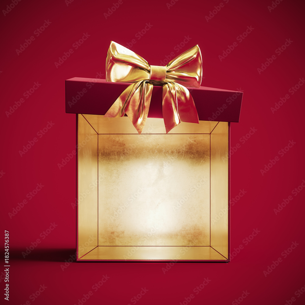 Naklejka premium Empty opened gift box with golden inside on red background. Side view of opened empty gift box. 3D Rendering, 3D Illustration