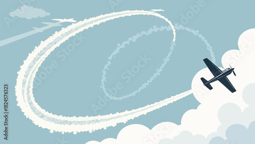 Vintage Airplane Aerobatics Creating Smoke Trails in Cloudy Sky, Nostalgic Aviation Art, Perfect for Travel, History or Patriotic Themes, Scalable Vector Graphic